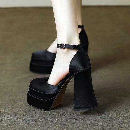 Sapatos de salto alto feminino plataforma chunky bico fechado salto bloco bico quadrado com tira no tornozelo para festas casamentos formaturas 2025