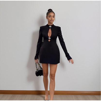 Black Hollow Out Mini A-line Dress Women Sexy Round Neck Long Sleeve Waist Cinching Dresses 2025 Lady Chic Party Club Robe