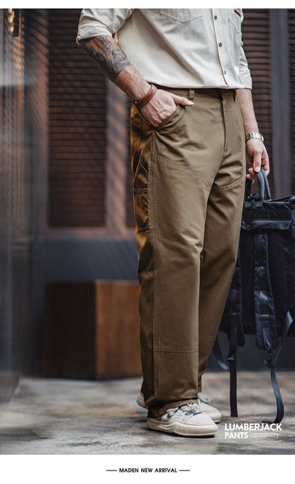 Maden Vintage Solid Logging Pants Versatile Cotton Straight Casual Lumberjack Pants with Zipper Fly and Pockets Trousers for Men