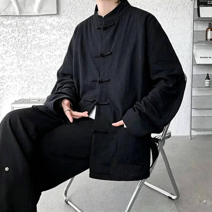 Chinese Traditional Clothes Improved Hanfu Cotton Qipao Top Autumn Spring Casual Outwear Male Big Size Shirt Kungfu Jackets