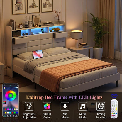LED Bed Frame King Size with Storage Headboard, 2 Hidden Drawers and Charging Station, Velvet Bed Frames with Led Lights