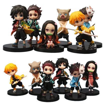 6 unidades Anime Demon Slayer Boneco Nezuko Tanjirou Zenitsu Inosuke Kyoujurou Giyuu Kawaii Qposket Boneco PVC Modelo Brinquedo Presente Colecionável
