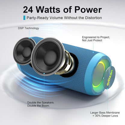 Caixa de Som Portátil Sem Fio Bluetooth 5.3 Ortizan, Graves Potentes, Luzes RGB, À Prova d'Água IPX7, TWS, Entrada AUX e Cartão TF, Ideias para Presente
