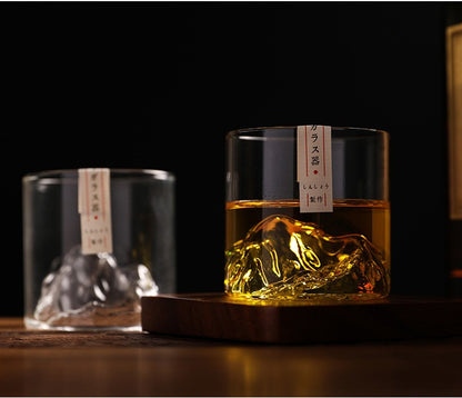 Conjunto de Copos de Uísque de Montanha Glacial 3D Japonesa - Copos Baixos & para Pedras com Caixa de Presente de Madeira para Uísque, Vodka, Vinho