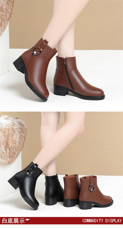 Women's Winter Waterproof Fashion Soft Leather Ankle Boots Mom Thick Plush Warm Cotton Shoes Thick Heel Platform Boots