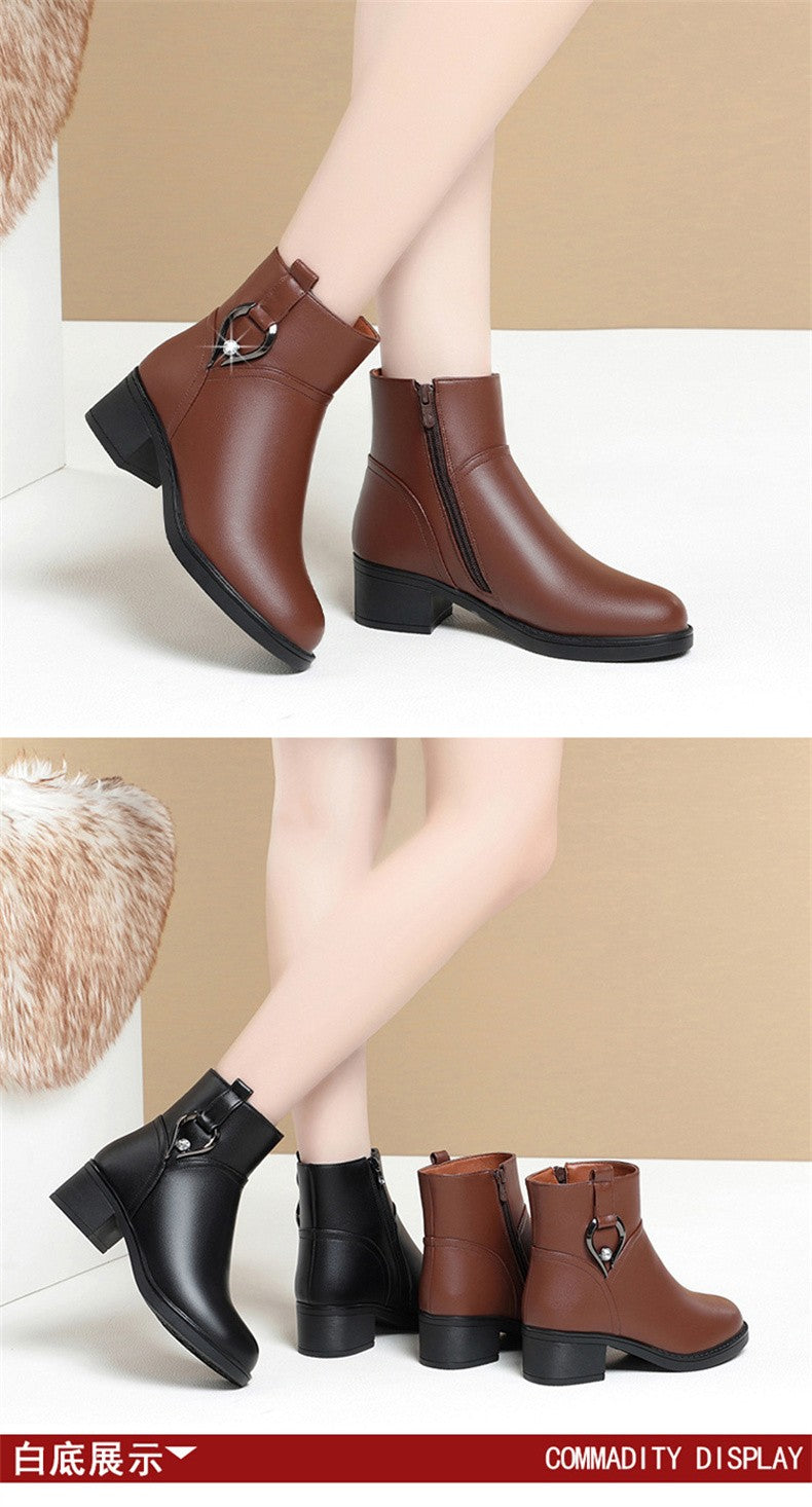 Women's Winter Waterproof Fashion Soft Leather Ankle Boots Mom Thick Plush Warm Cotton Shoes Thick Heel Platform Boots