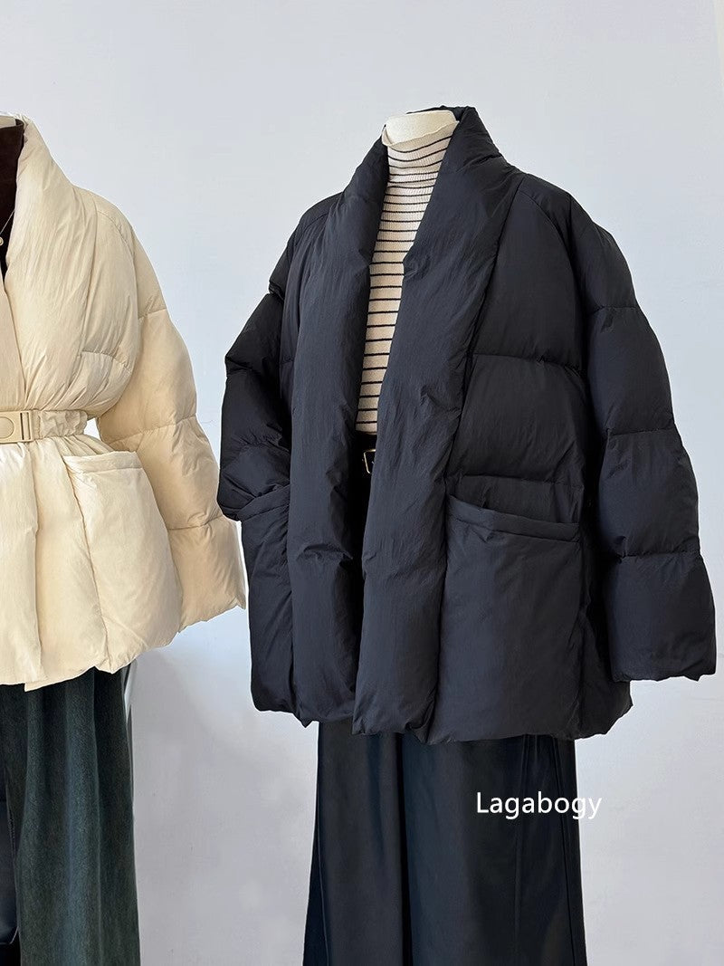 Lagabogy 2025 Winter Belt Waist-Tight Elegant Warm 90% White Duck Down Jacket Female Long Sleeve Solid Color V-neck Puffer Coat
