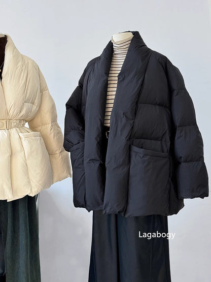 Lagabogy 2025 Winter Belt Waist-Tight Elegant Warm 90% White Duck Down Jacket Female Long Sleeve Solid Color V-neck Puffer Coat