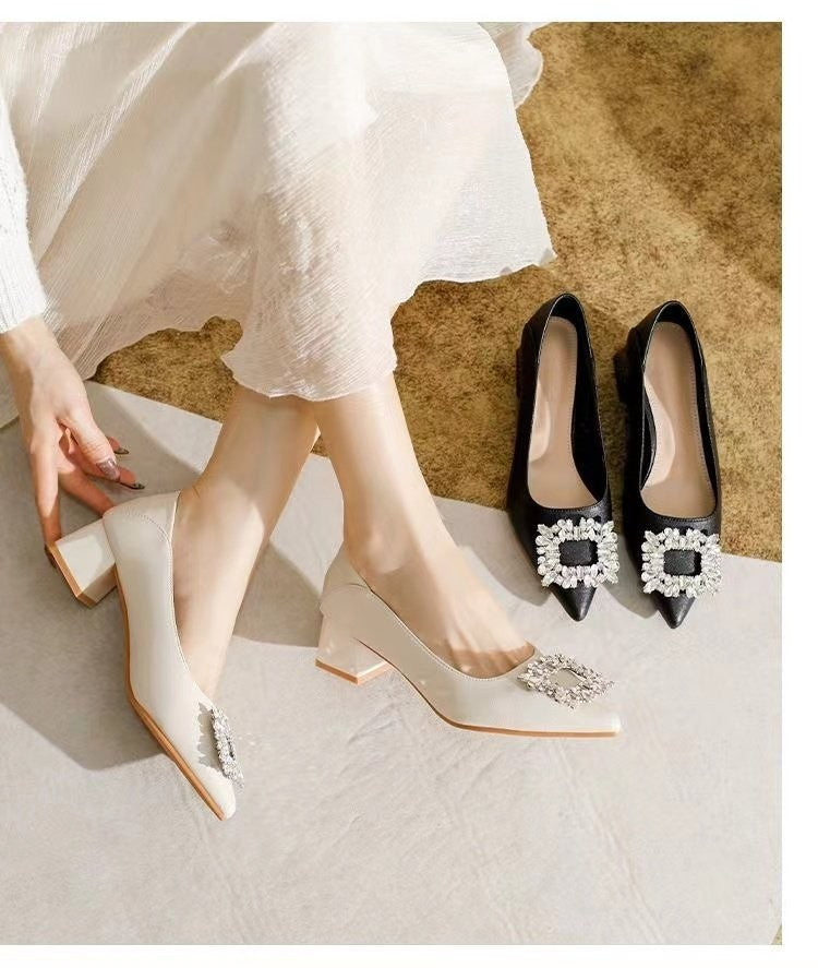 Women's Elegant Black Mid Block Heels Pumps with Crystal Rhinestone Pointed Toe Dress Shoes