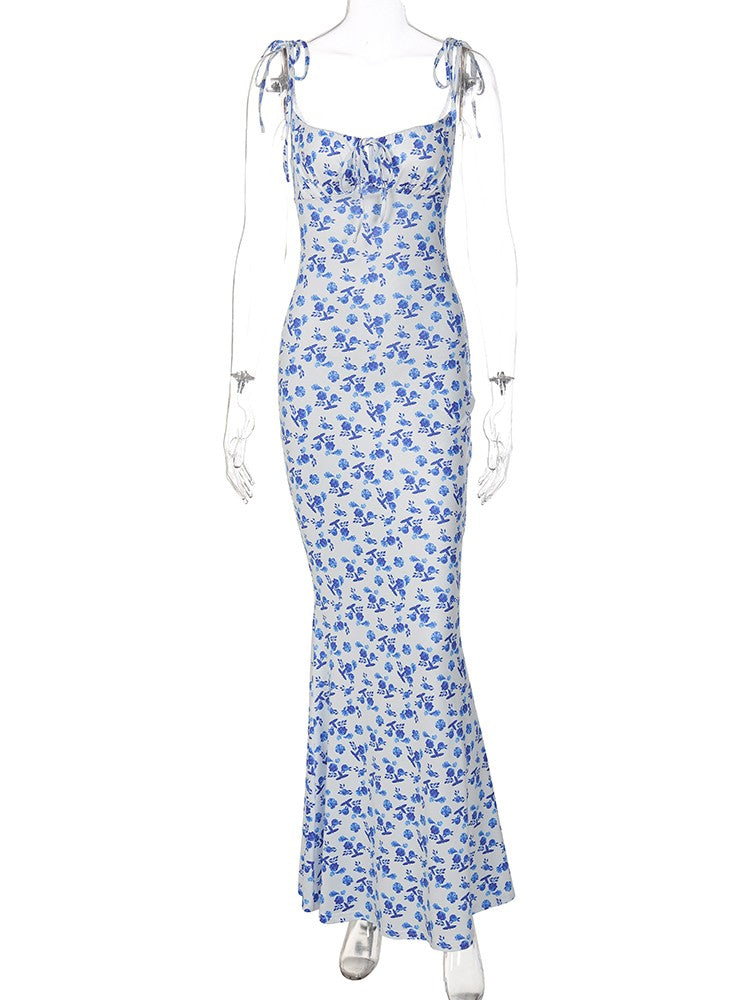 Hugcitar Floral Print Sleeveless Backless Slips Lace Up Maxi Dress Sexy Bodycon