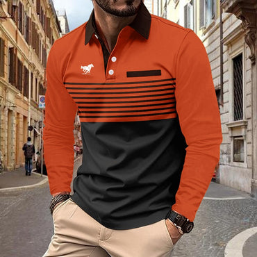 Horse Logo Pattern Print Men Clothes Spring Autumn Long Sleeve Polo Shirt Men Business Casual Turn-down Collar Tops Stripe Polo