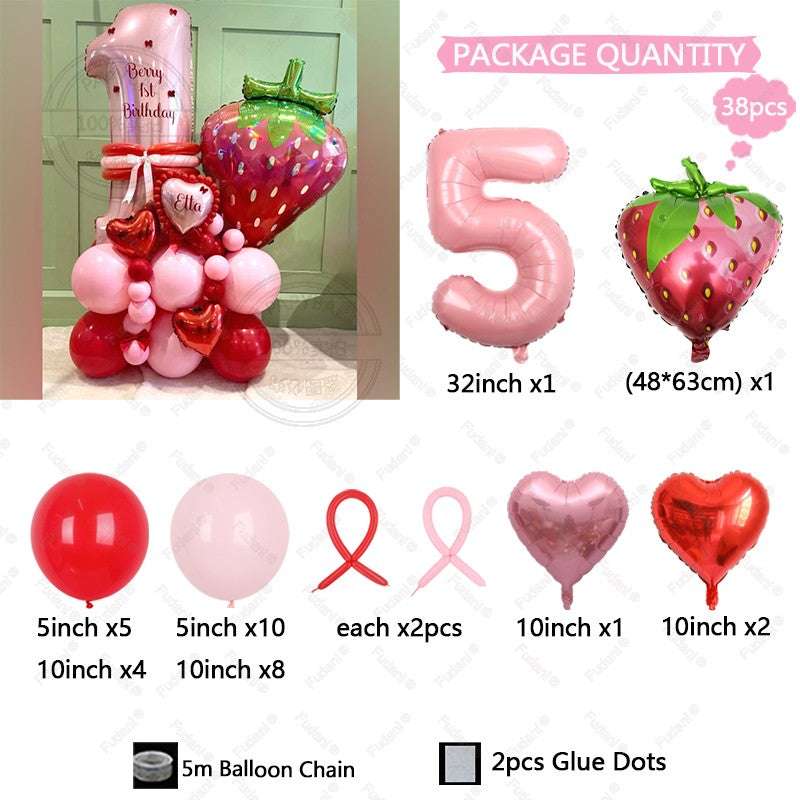 38pcs Strawberry Balloon Pink Number Birthday Balloon Set Fruit Theme Party Decoration Festival Balloon Photography Props