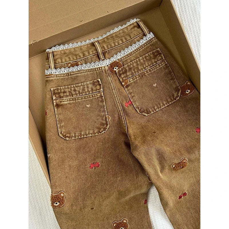 Lace Teddy Bear Embroidered Patchwork Design Wide leg Jeans 2025 Spring New High Waisted fit Slimming Casual Jeans for Commuting