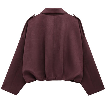 HXAO Women's Bomber Jacket Lapel Long Sleeve Zipper Suede Jacket Women 2025 High Street Cropped Racing Jackets Coats Outerwears