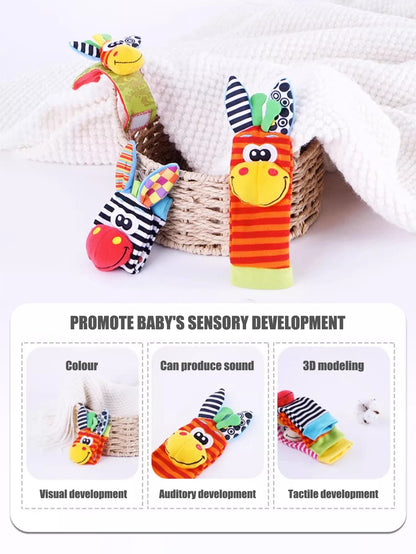 Conjunto com 4 peças de chocalhos de pulso e meias para bebês 0-12 meses, meninos e meninas, brinquedos educativos para o desenvolvimento inicial, presentes sensoriais fofos para bebês