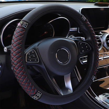 Four Seasons Universal Car Steering Wheel Cover 37-38cm Leather Embroidered Color Diamond-Studded Elastic Steering Wheel Cover