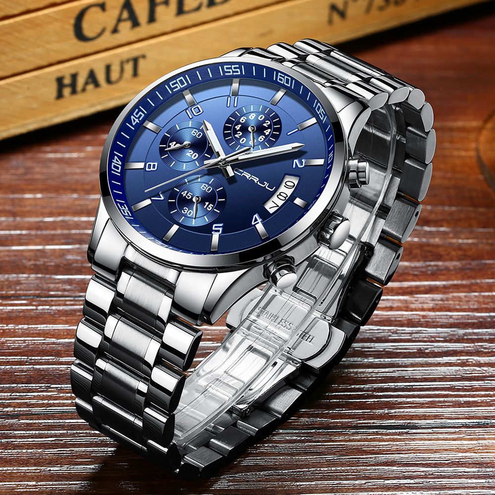 CRRJU Men Quartz Wristwatches Luxury Brand Sporty Chronograph Watches with 316 Stainless Steel Luminous Hands Male Clock Red