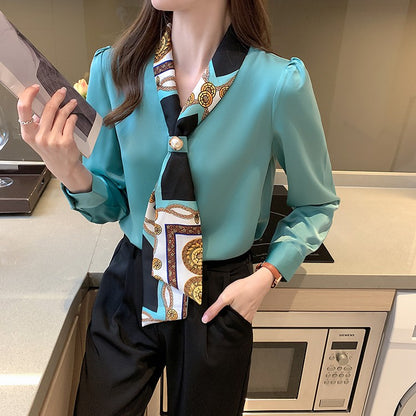 H Han Queen Spring Chiffon Simple Office Lady Blouse Female Shirt Bow Tops Long Sleeve Casual Korean OL Loose Blouses Women