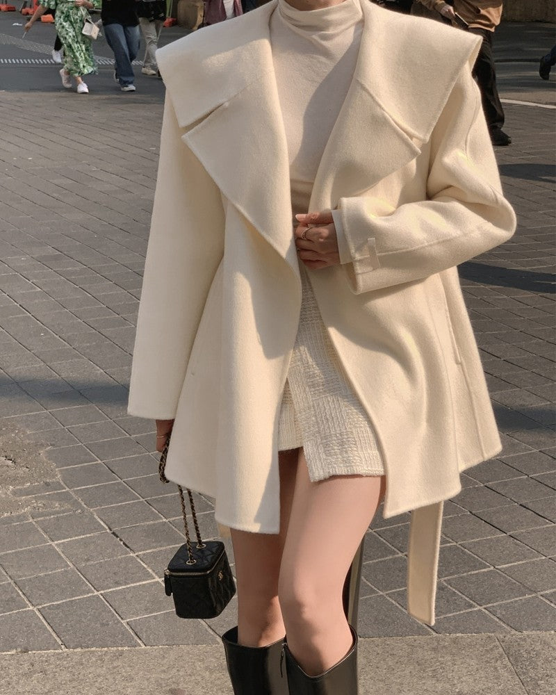 Winter Woolen Coat Women Chic Navy Collar Belted Waist Cinched Midi Length Tweed Trendy Korean Sle Commute Long Sve