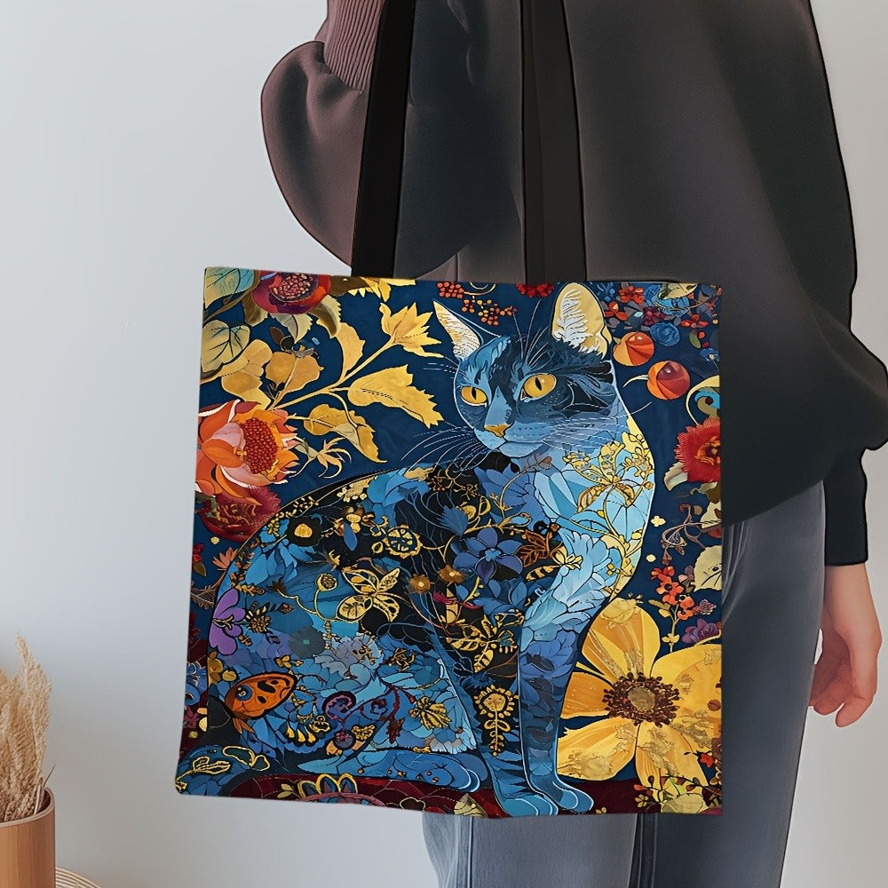 1pc Abstract Cat Tote Bag Cute Quirky Small Animal Shoulder Bag Printed Linen Eco Handbag Shopping Office Reusable Casual Bags