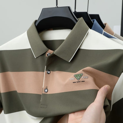 luxury wide stripe color blocked short sleeve polo shirt high-end brand letter embossed T-shirt fashion breathable men's wear