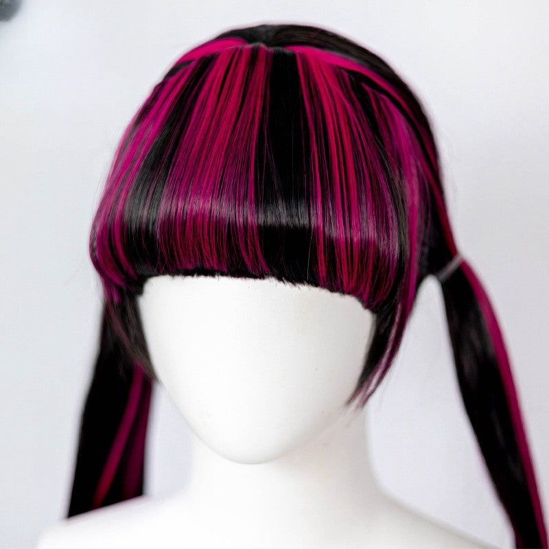 Peruca REEWES 40 polegadas Longa Preta Rosa Lisa Sintética Draculaura Monster High com Franja para Cosplay Adolescente Fantasia de Halloween