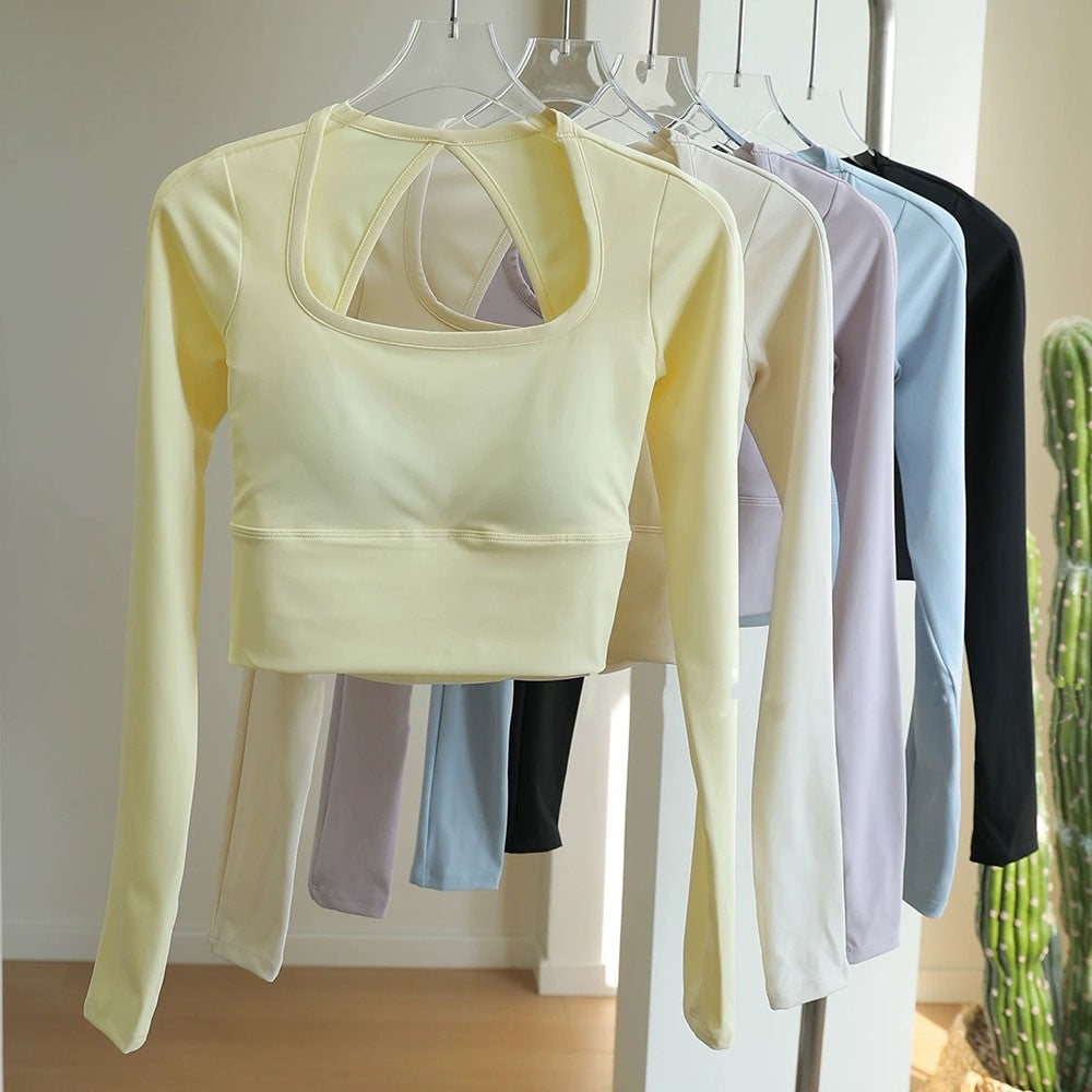 Women's Long-Sleeve Sports Top with Chest Pads, Yoga Wear, Pilates Training Fitness Apparel, Running