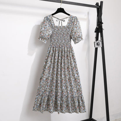 Summer Pleated Women Chiffon Dresses Casual Beach Holiday Short Sleeve Square Co