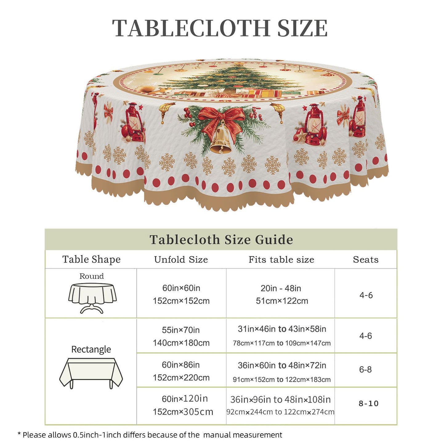 1 Piece Christmas Round and Rectangular Tablecloth, Various Sizes, Charming Christmas Tree Snow Scene Gold Tablecloth, Christmas Garden Tablecloth Decoration, Tablecloth for Daily Home Kitchen, Terrace, Gift