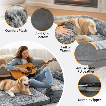 Cama Gigante para Cães, Tamanho Humano, 180cm de Comprimento, Dobrável, Calmante, Capa de Pelúcia, Ortopédica