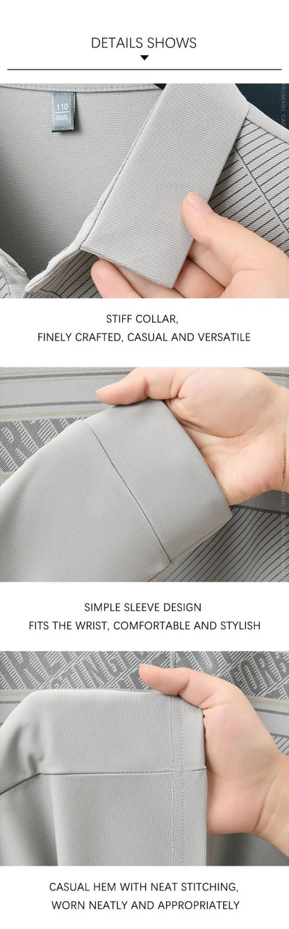 TFETTERS Elegant T Shirt for Man 2025 Spring Autumn Tops Long Sleeve Turn Down Collar Graphic Smart Casual T-shirt for Men