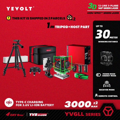 Nível a Laser Verde YEVOLT Série YVGLL4XS12T 3 Planos 12 Linhas Autonivelante 360 3D Horizontal & Vertical Ferramentas de Medição de Energia