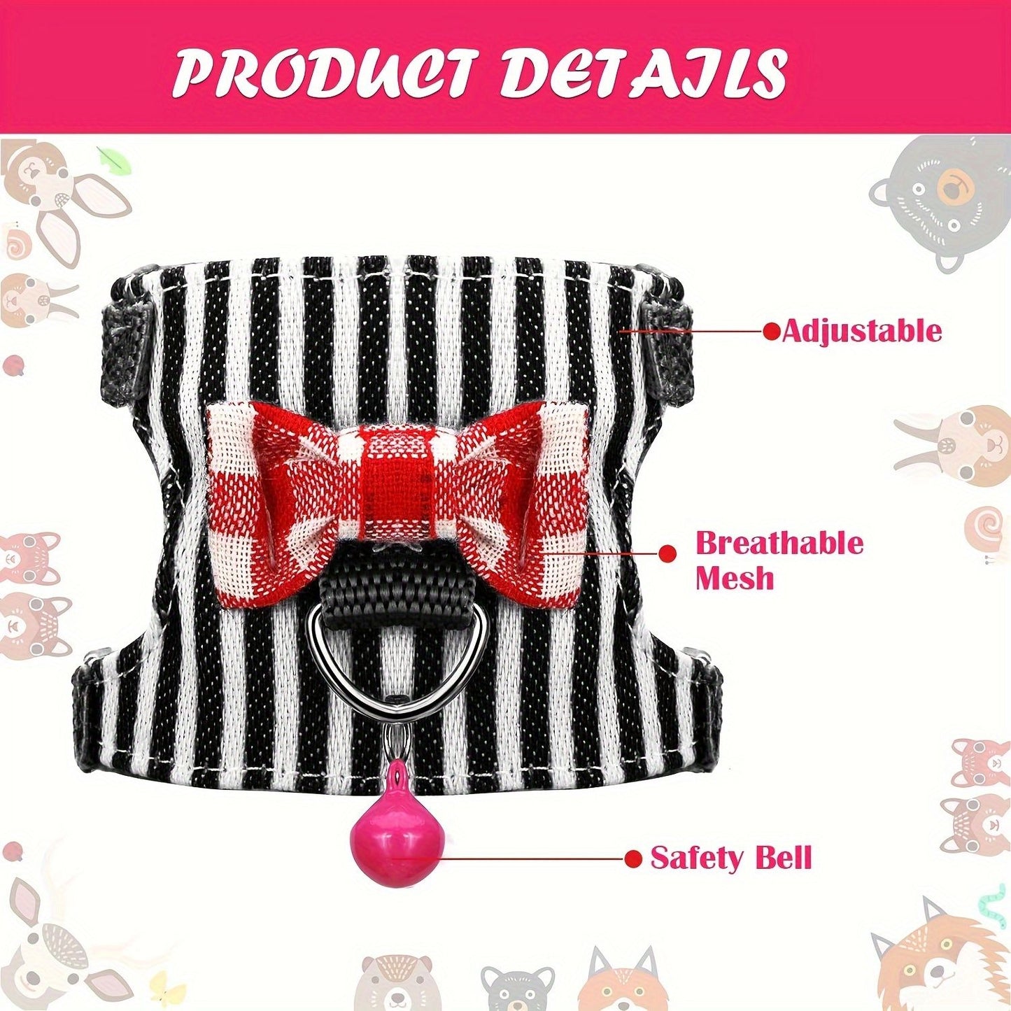 2 pçs/conjunto Arnês e Coleira para Hamster, Conjunto de Caminhada, Roupa para Pequenos Pets com Laço e Sinos, Colete Acolchoado Seguro e Confortável, Roupa para Hamster