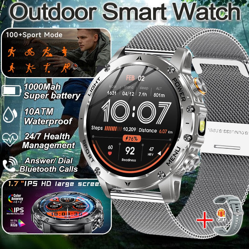 Smartwatch Militar Novo 2025 Bateria 1000mAh Monitoramento Fitness 10ATM À Prova D'Água Táticas Esportivas Lanterna Pulseira para Chamadas Masculino