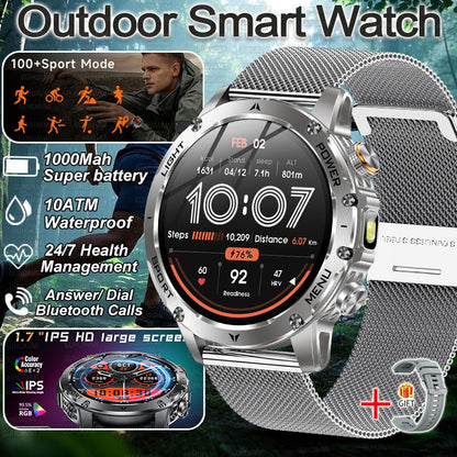 Smartwatch Militar Novo 2025 Bateria 1000mAh Monitoramento Fitness 10ATM À Prova D'Água Táticas Esportivas Lanterna Pulseira para Chamadas Masculino