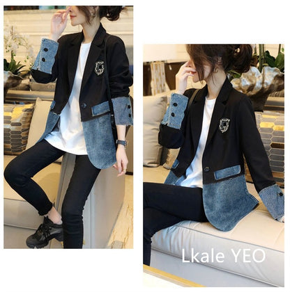 New Autumn 2025 Fashion Korean Version Loose Women Denim Jacket Splicing Suit Ladies Denim Outerwear Elegant Female Jeans Coat