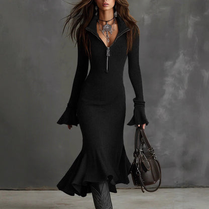 2025 European American Dresses Women Solid Autumn Winter Zipper Lapel Flared Sleeve Knitted Fishtail Dress Slim Fit Vestidos