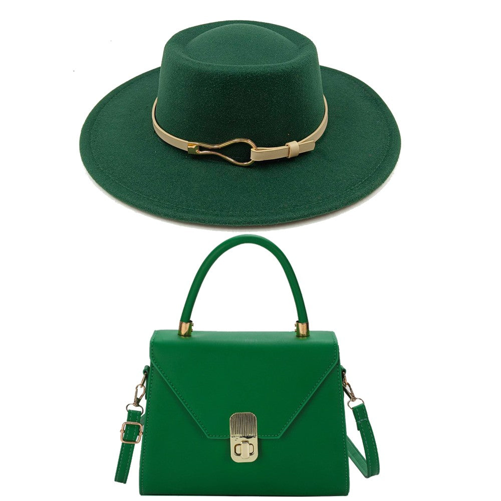 Acessórios femininos de fivela de couro metal com chapéu de feltro de pele com top côncavo e convexo, chapéu fedora e conjunto de bolsa combinando, estilo retrô