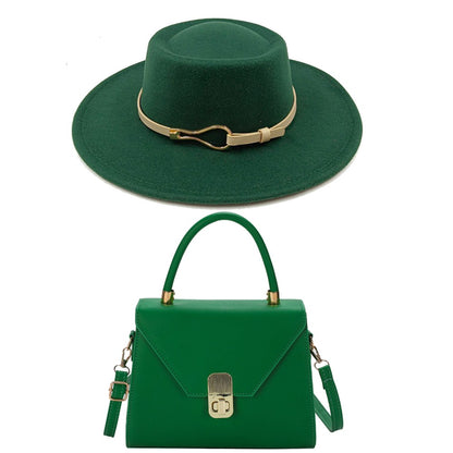 Acessórios femininos de fivela de couro metal com chapéu de feltro de pele com top côncavo e convexo, chapéu fedora e conjunto de bolsa combinando, estilo retrô