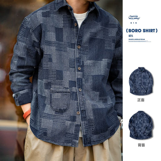 Maden Japanese Retro Boro Denim Shirts for Men Jacquard Patchwork Long-Sleeve Button Down Shirt Jacket Oversize Spring Outerwear