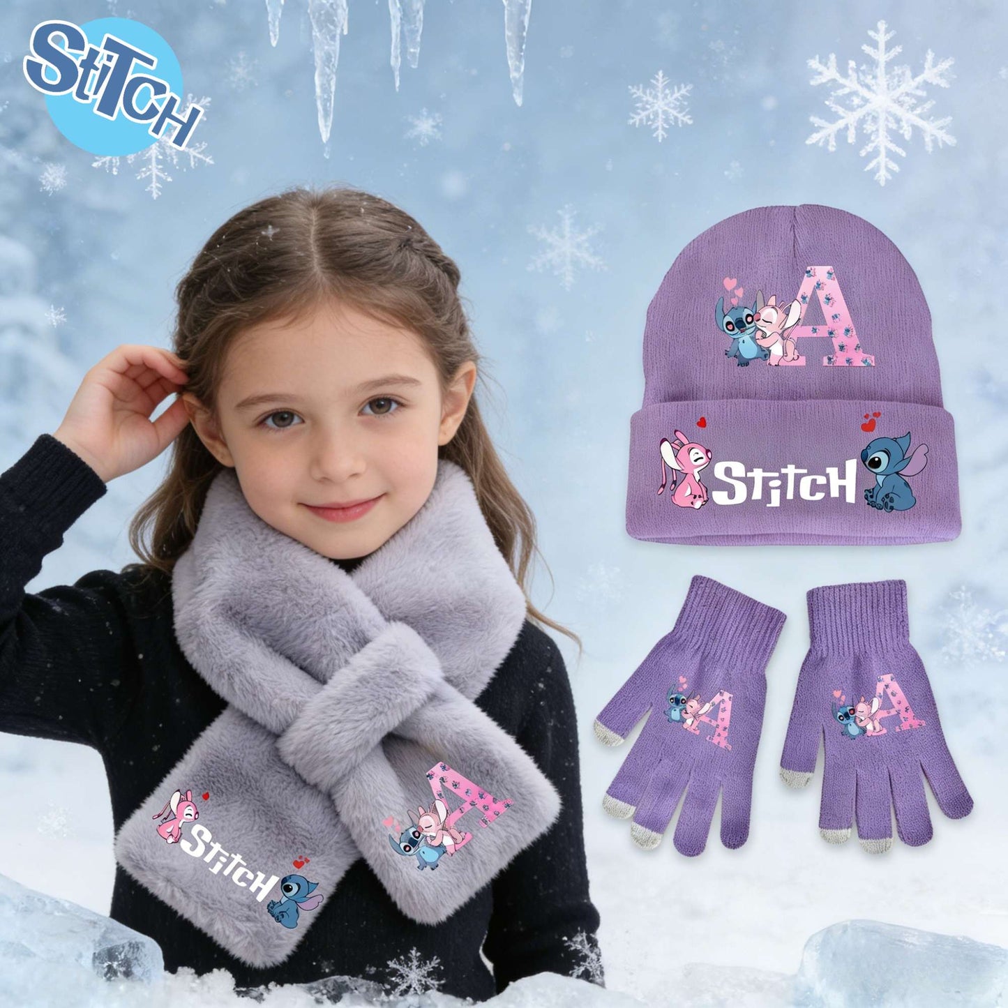 Disney Anime Stitch 3 Peças Conjunto Infantil Feminino Quente de Tricô Stitch Chapéu Lenço Luvas Moda Inverno Casual Presente de Aniversário Acessórios
