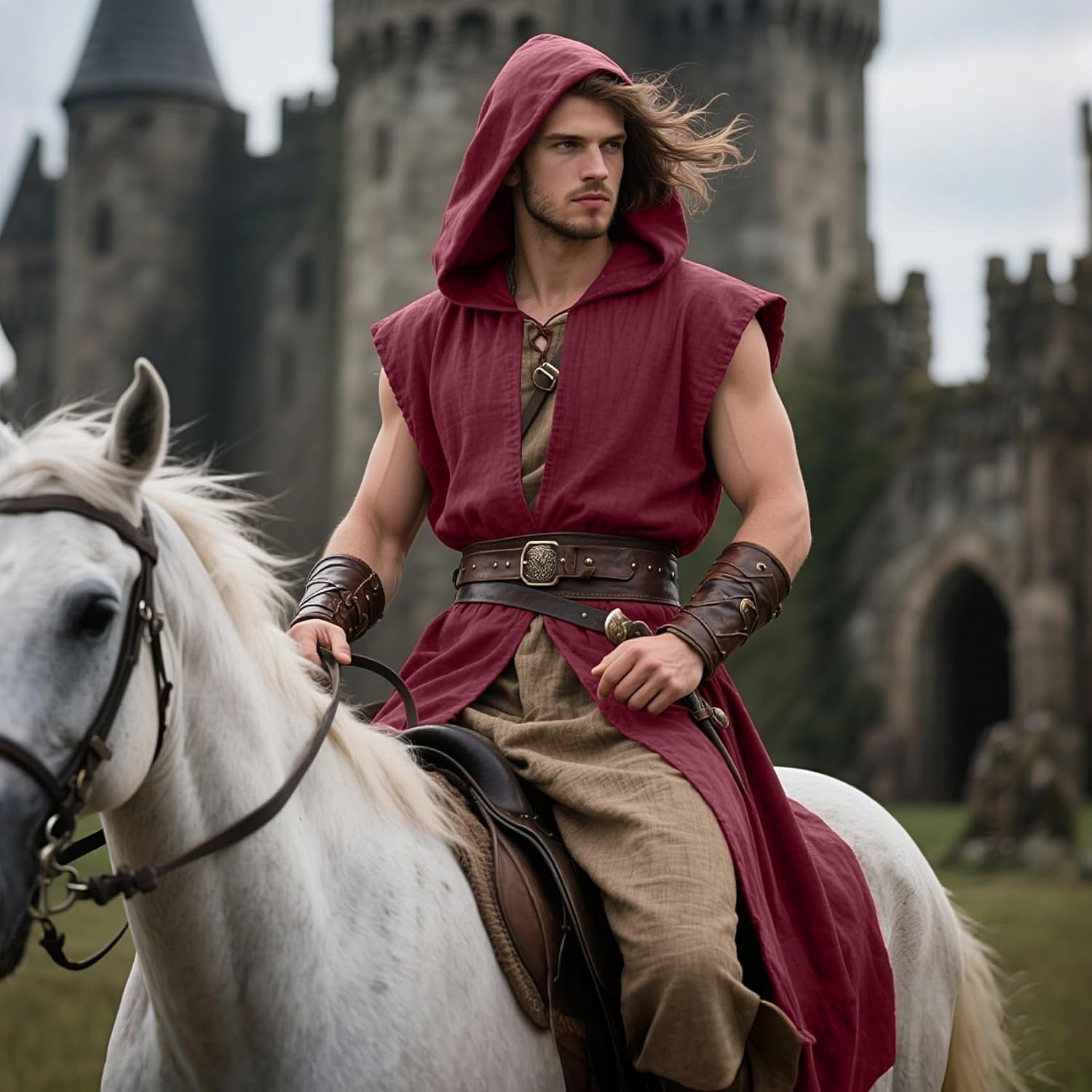 Men's Medieval Hooded Surcoat Renaissance Tabard Sleeveless Tunic Cloak Viking Costume Holloween Assassin Cosplay