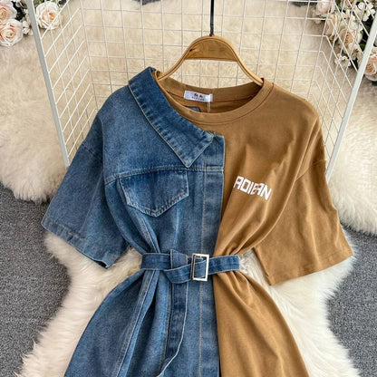 XFPV Women's Sweet high Waist Wrap Belt Round Neck patchwork Denim Shirt  Chic Top Y2k Korean Fashion Spring Summer 2025 SM11327
