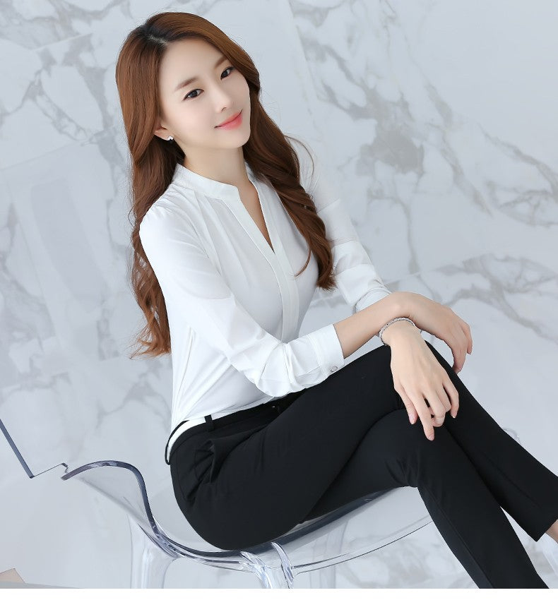 Chiffon Blouse Women Korean Fashion Women Clothing White Shirt  Long Sleeve Blouses V-neck Womens Tops Basic Shirts and Blouses
