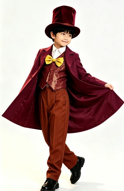 Kids Vintage Top Hat Long Formal Suit, Burgundy British Style Waistcoat Bow Tie Full Outfit For Halloween Fairy Tale Party Perfo