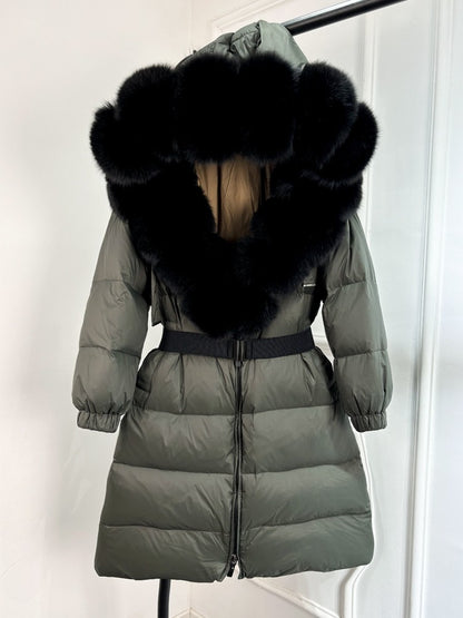 Janveny New Natural Thick Warm 90% White Duck Down Coat Long Winter Jacket Women Real Big Fox Fur Collar Belt Loose Puffer Parka