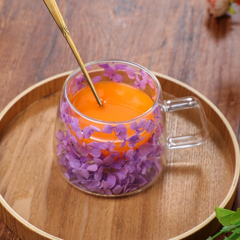 Copo de Vidro de Parede Dupla 200ml Transparente com Padrão de Flores Caneca de Chá Leite Café com Alça Presente para Amigos Copo de Água para Casa
