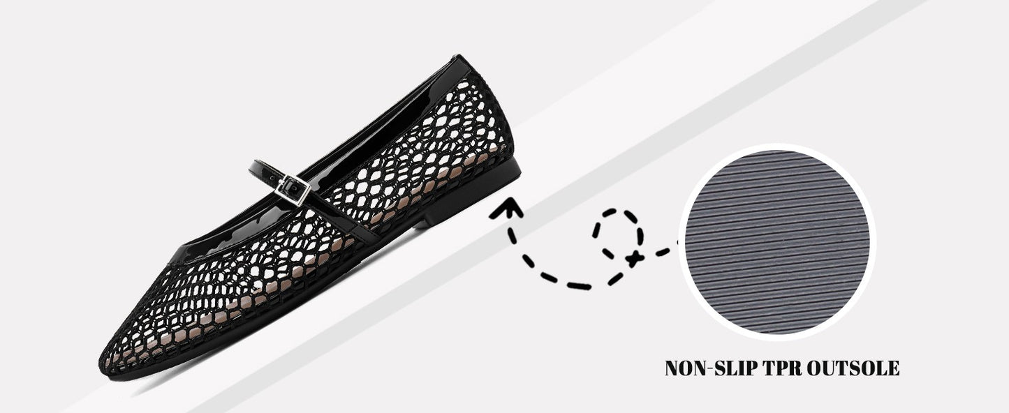 Women‘s Mesh Ballet Flats Comfortable Square Toe Ballerina Flats Buckle Strap Casual Fishnet Flat Shoes