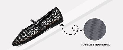 Women‘s Mesh Ballet Flats Comfortable Square Toe Ballerina Flats Buckle Strap Casual Fishnet Flat Shoes