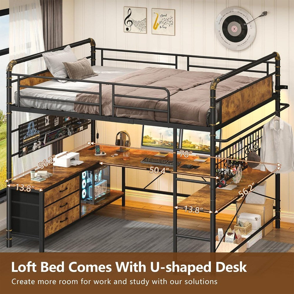 Size Loft Bed with U-Shaped Desk, Heavy Duty Full Loft Bed Frame with Pegboard & Mesh Shelf, RGB Lights, Bunk Lo